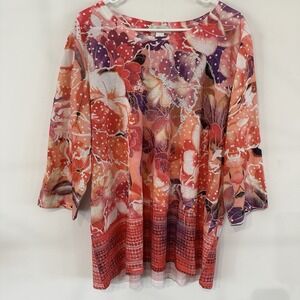 Women's CJ Banks‎ Orange Pink Floral Bling Embellished Blouse Top 2X Spring
